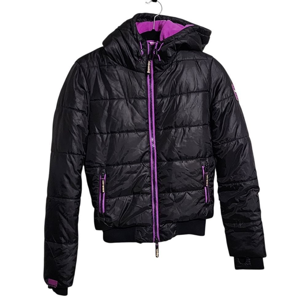 Super Dry Sport Japan Womens Puffer Jacket Sz S Black Purple Hooded